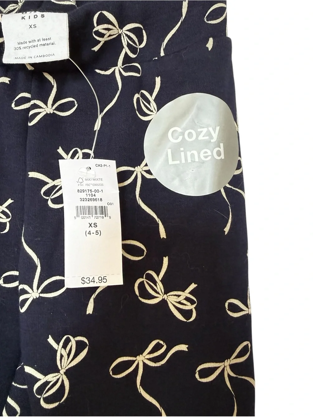 NWT GAP kids Navy Bow-Print cozy lined leggings